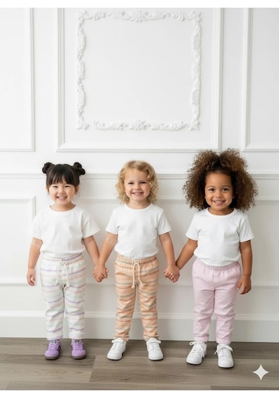 Poppy Trend Kız Çocuk Desenli 3 Lü Paket Gündelik Rahat Pantolon Seti 2-7 Yaş Ekru-somon-a.pembe