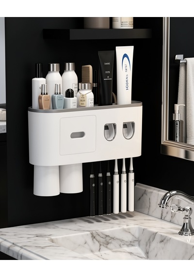 Banyo Organizer 6 Fırçalık Çift Dispenserli Diş Macunu Sıkacağı Çok Renkli