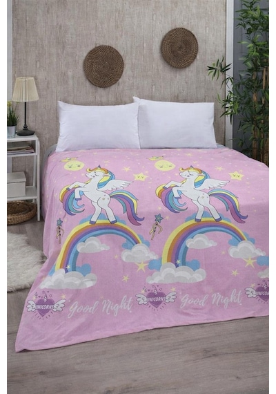 Unicorn Tek Kişilik Pike 170x230 Cm Çocuk Ve Genç Odaları İçin, Renkli Gökkuşağı Desenli Pembe