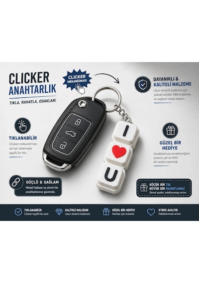 I Love You Clicker Anahtarlık , Love Clicker Araç Anahtarlığı - Kalpli Araba Anahtarlık