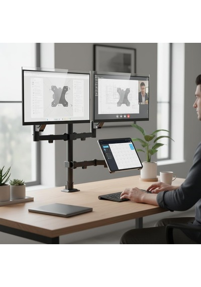 17 32 İnç Amortisörlü Çiftli Pivot Monitör Kolu Ve Tablet Kollu, Gazlı Yaylı, 2 9 Kg, Çift Montaj Seçeneği Sıkıştırma Ve Vidalama, 360 Döner, Vesa Uyumlu Stant, M03, Siyah