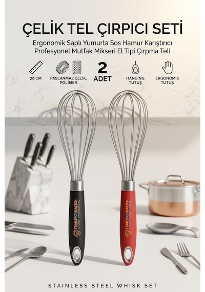 Transformacion 2 Adet Çelik Tel Çırpıcı Seti 29 Cm Ergonomik Saplı Yumurta Sos Hamur Karıştırıcı Profesyonel Diğer