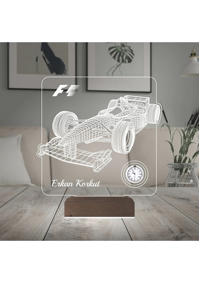 Luvivia Formula 1 F1 Yarış Arabası Tasarım Kişiye Özel Metal Saatli 3d Lamba - Masa Gece Lambası Şeffaf