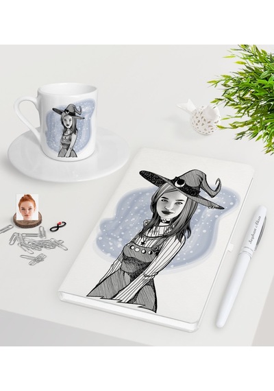 Kişiye Özel Bayan Cadı Karikatürlü Beyaz Defter Kalem Türk Kahves N11.20539