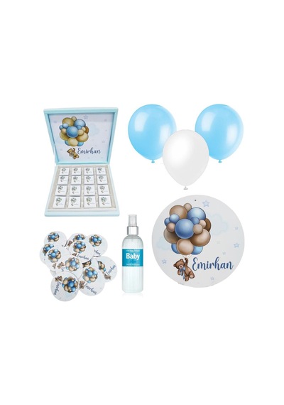 Bebek Doğum Hediyelik Süsleme Seti Çikolata Ahşap Magnet - Kapı Süsü - Kolonya - Balon Mod.7