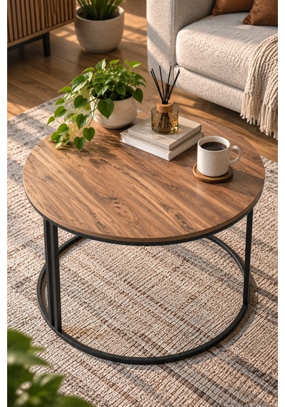 Sulorahome Ceviz Desenli Yuvarlak Orta Sehpa Kahverengi 70 Cm