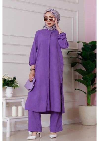 Sevitli Yırtmaç Detaylı Tunik Pantolon Takım-mor-4864