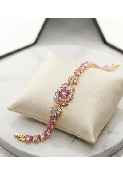 Pembe Zirkon Taşlı Gold Kadın Bileklik - Çiçek Ve Oval Taş Detaylı Tasarım Altın - Pembe