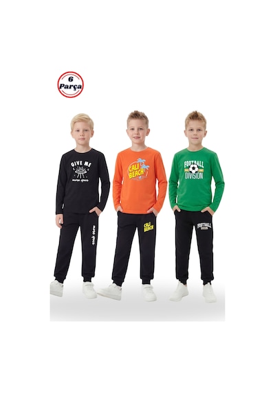 Panios Kids 3'lü Yuvarlak Yaka Sweatshirt Siyah Eşofmanlı Baskı Detaylı 6 Parça Erkek Çocuk Alt Üst Takım Siyah - Turuncu