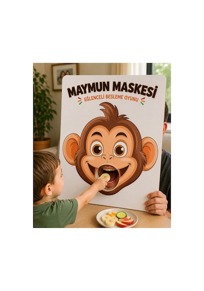 Maymun Maskesi Eğlenceli Besleme Oyunu Ahşap Çocuk Aktivitesi 30x40 Cm Hayvan Maskesi