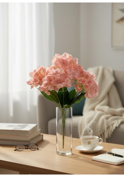 Yapay Çiçek Islak Ortanca Çiçeği Pudra Desenli Model 45cm 5dal Islak Gerçeksi Dokulu Pembe