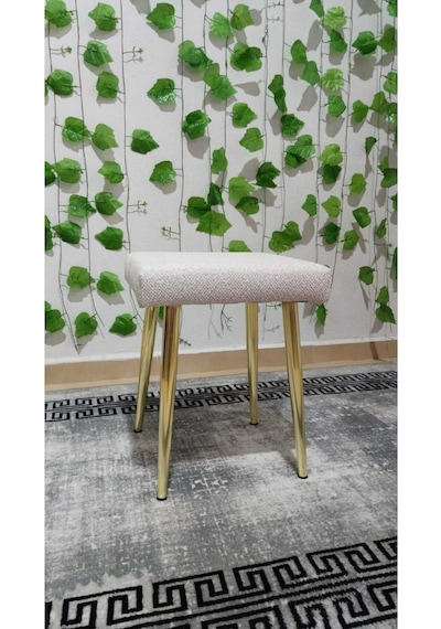 Özcan Metal Gold Metal Ayak Teddy Kumaş Dekoratif Çok Amaçlı Peluş Puf Tabure Bench Koltuk Sandalye Bej