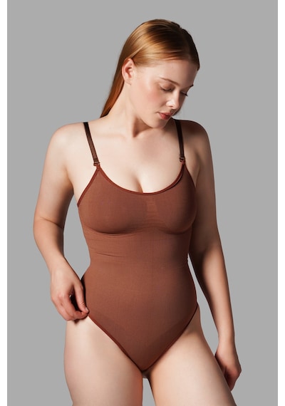 Kadın Dikişsiz Çıtçıtlı String Body Korse 9052 Kahverengi