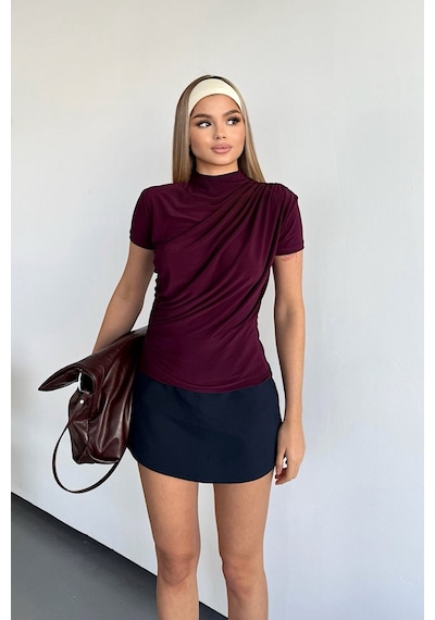 Giysa Kadın Dik Yaka Büzgü Detaylı Bluz Mürdüm - 25y 2417 Mürdüm