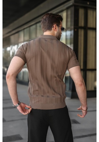 Madmext Açık Kahverengi Slim Fit Polo Yaka Triko Erkek Tişört E7491