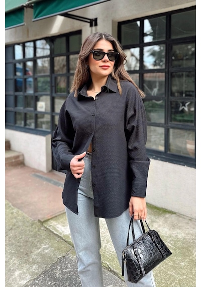 WeShaya Kadın Siyah Basic Model, Gofre Kumaş, Salaş Gömlek Siyah