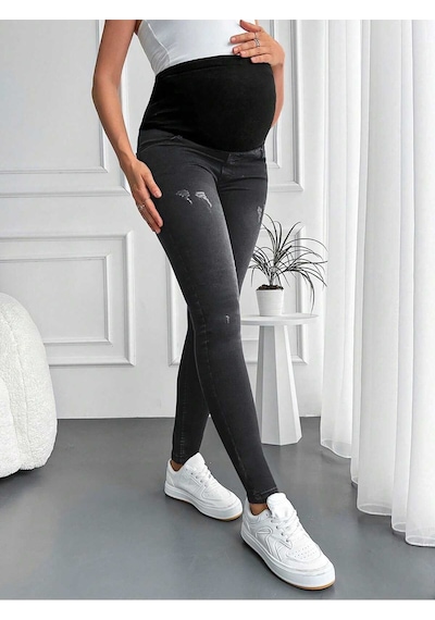 Kene Jeans Kadın Füme Hamile Esnek Karın Bantlı Tırnaklı Dar Paça Jeans Pantolon
