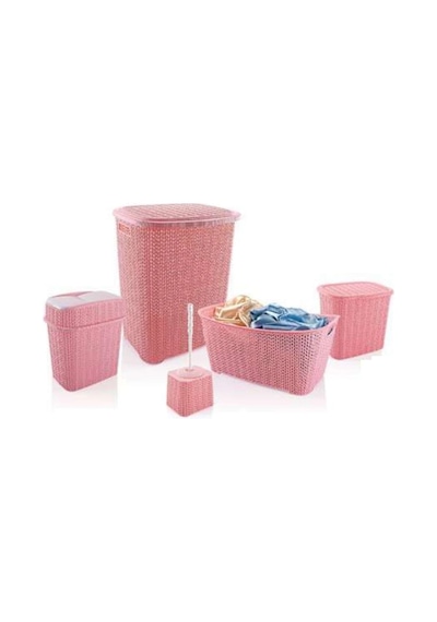 5 Parça Örgü Desenli Plastik Banyo Seti Çamaşır Sepeti Deterjanlık Klik Çöp Kovası Klozet Renkli