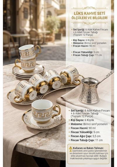 6 Lı Geometrik Desen 90 Ml Porselen Türk Kahvesi Fincanı Beyaz