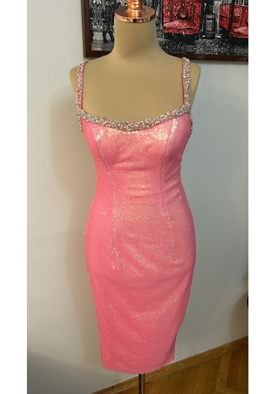 Chica Rosa Fashion Swarowski Taş, İnci Ve Boncuk İşlemeli Pembe Elbise Pearl