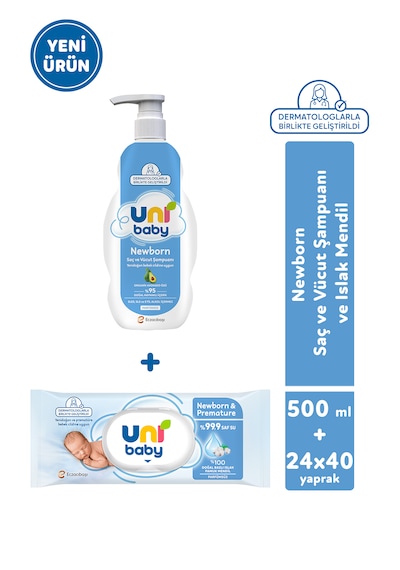 Uni Baby Newborn & Premature Yenidoğan Şampuanı 500 Ml + Yenidoğan Islak Mendili 24x40 960 Yaprak 2'li Set