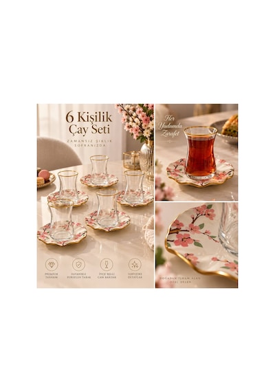 Zarif Çiçek Desenli Çay Takımı 6 Kişilik 12 Parça Beyaz