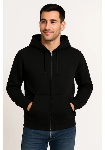 Erkek Üç İplik Kapüşonlu Tam Fermuarlı Kanguru Çepli Sweatshirt Hoodie - Siyah Siyah
