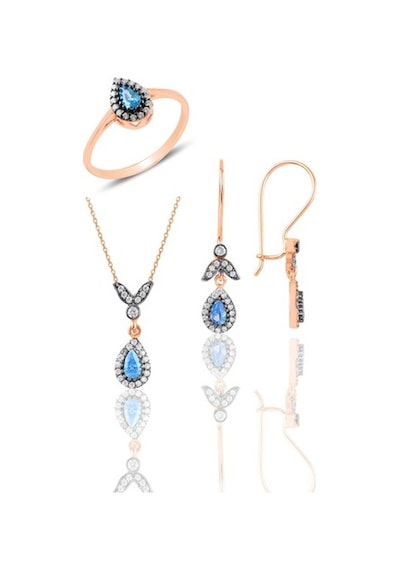 Gümüş Rose Akuamarin Taşlı Damla Üçlü Set