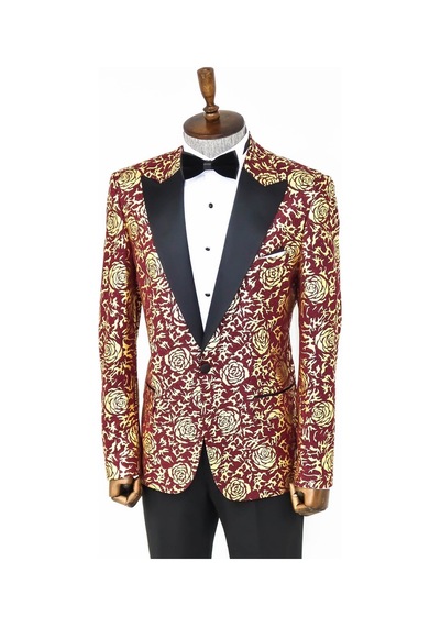 Wessi Gold Gül Desenli Slim Fit Bordo Erkek Smokin Ceket Bordo