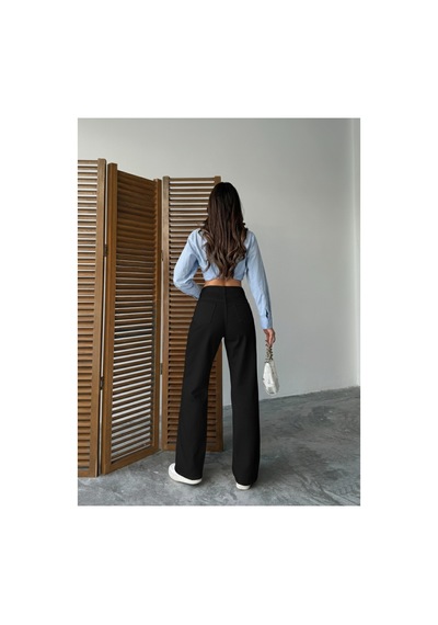 Blue Marlın Paça Kesik Bol Paça Keten Pantolon Siyah