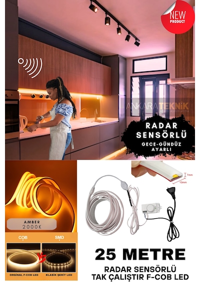 Ankara Teknik Sensörlü Amber Renk F- Cob Neon Led / Yüksek Lümen/ Dolap Alcıpan Tavan Led 25 Metre