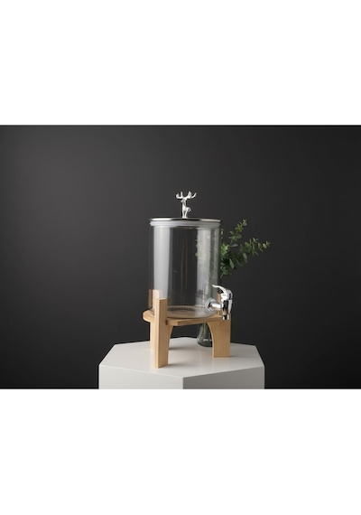 Elta Collection Gümüş Füme Cam Şerbetlik Meşrubatlık Musluklu Ve Ahşap Standlı 3.6 Litre Gümüş