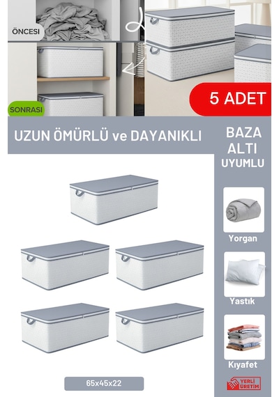 5'li Set - Geometrik Çizgili Büyük Boy Baza Altı & Çekyat Altı Hurç 65 X 45 X 22 Cm Tela 45 X 65 B Diğer