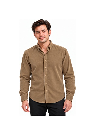 Classics Men Jet Polo Uzun Kol Slim Fit Erkek Kadife Gömlek - 7779 Bej