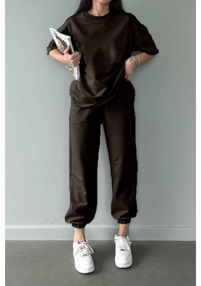 Basic T-shirt Eşofman Altı Jogger - Kahverengi Düz Alt Üst Eşofman Takımı Oversize Bisiklet Yaka Kahve Basic T-shirt Eşofman Altı Jogger - Kahverengi Düz Alt Üst Eşofman Takımı Oversize Bisiklet Yaka Kahve