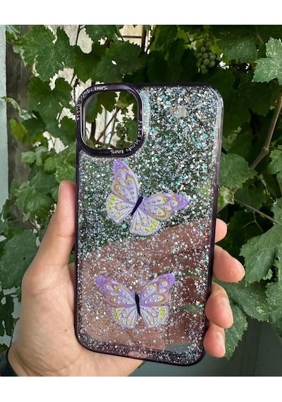 Apple Uyumlu iPhone 15 Plus Taşlı Simli Kelebekli Kılıf Mor