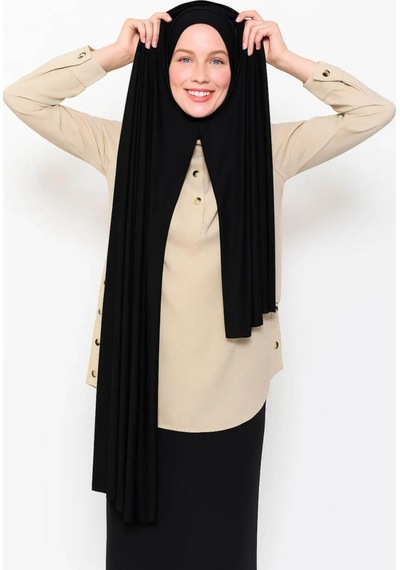 Aldaıyr Boynundan Dikişli Hazır Pratik Penye Şal Tesettür Siyah