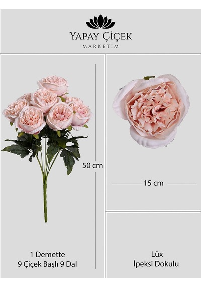 Açık Pembe Yapay Şakayık Demeti 9 Dallı Lüx İpeksi Dokulu 45 Cm