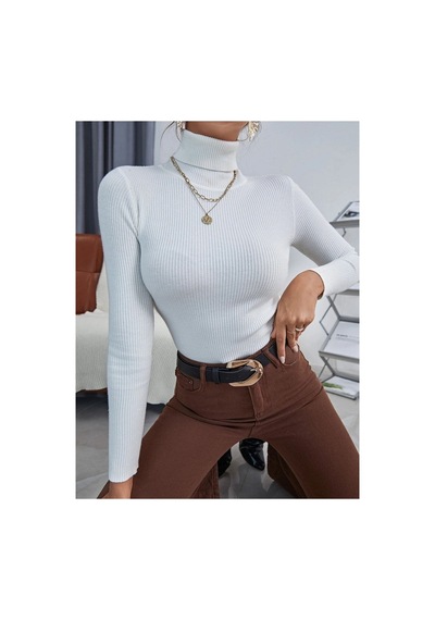 Hanclo Kadın Fitilli Balıkçı Yaka Slim Fit Triko Kazak Beyaz