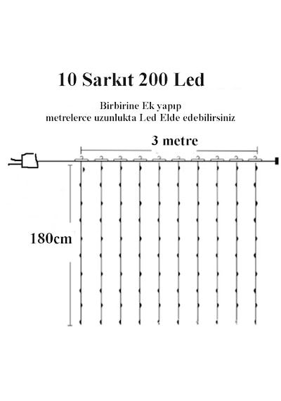 Dekoratif Saçak Perde Led Aydınlatma İç/dış Mekan 3x1.85 Metre Eklenebilir Fiş 8 Animasyonlu Saçak Led Günışığı