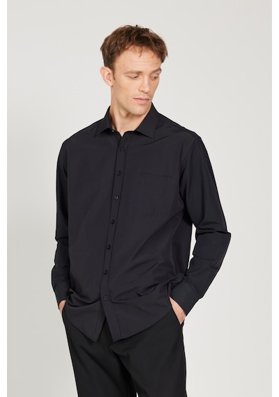 AC&Co / Altınyıldız Classics Erkek Sıyah Kolay Ütülenebilir Comfort Fit Geniş Kesim Klasik Yaka Gömlek Siyah