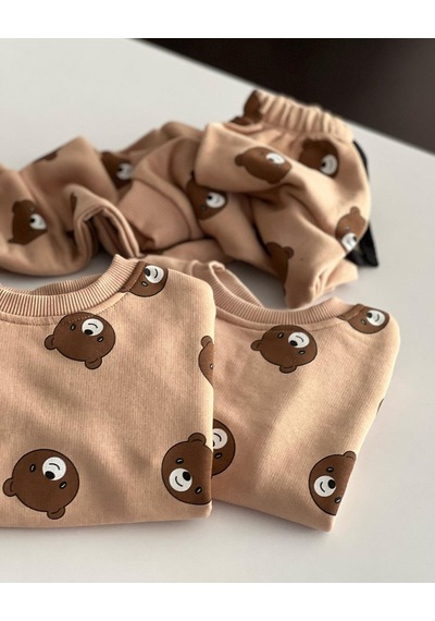 Unisex Çocuk Kahve Tonlu Mini Ayıcık Emoji Baskılı Sweatshirt Eşofman Alt Üst Takım 3 İplik Açık Kahve Açık Kahverengi