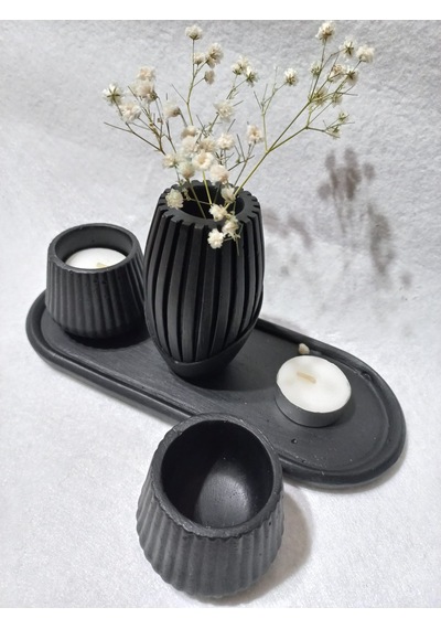 İskandinav Vazolu Tabaklı Tealight Mumluk Set Siyah Siyah