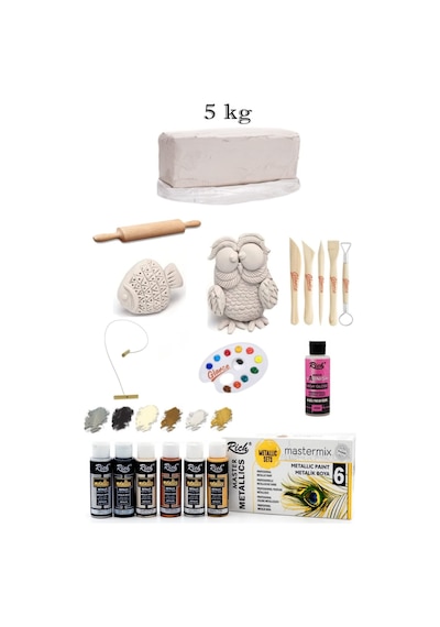 Vakumlu Çamuru Beyaz 5 Kg Rich Master Mix 60cc Akrilik 6'lı Metalik Renk Seramik Başlangıç Seti