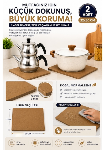 2 Adet Tencere Tava Çaydanlık Altı Nihale 22x30 Cm Mdf Sıcak Altlığı Mutfak Tezgah Koruyucu Açık Kahverengi