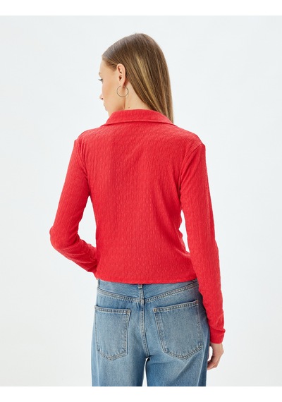 Koton Uzun Kollu Tişört Gömlek Yaka Düğmeli Slim Fit Dokulu Kırmızı 5wal10501ık Kırmızı