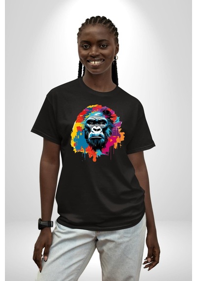 Renkli Maymun Goril Pamuklu Bisiklet Yaka Unisex Oversize Boyfriend Dijital Baskılı Siyah T-shirt Siyah