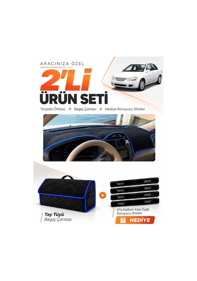 Kia Cerato 2004-2008 Uyumlu Torpido Örtüsü + Tay Tüyü Bagaj Çantası + Sticker Seti - Siyah Mavi