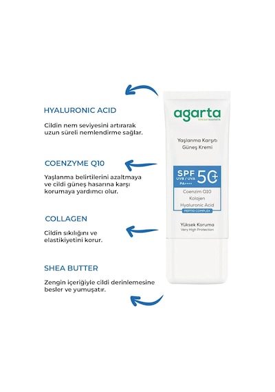 Agarta Yaşlanma Karşıtı Collagen Destekli Yüz Güneş Kremi 50 Ml
