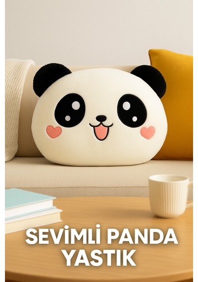 Sevimli Panda Kafası Peluş Yastık Yumuşak Dekoratif Panda Yastık Beyaz